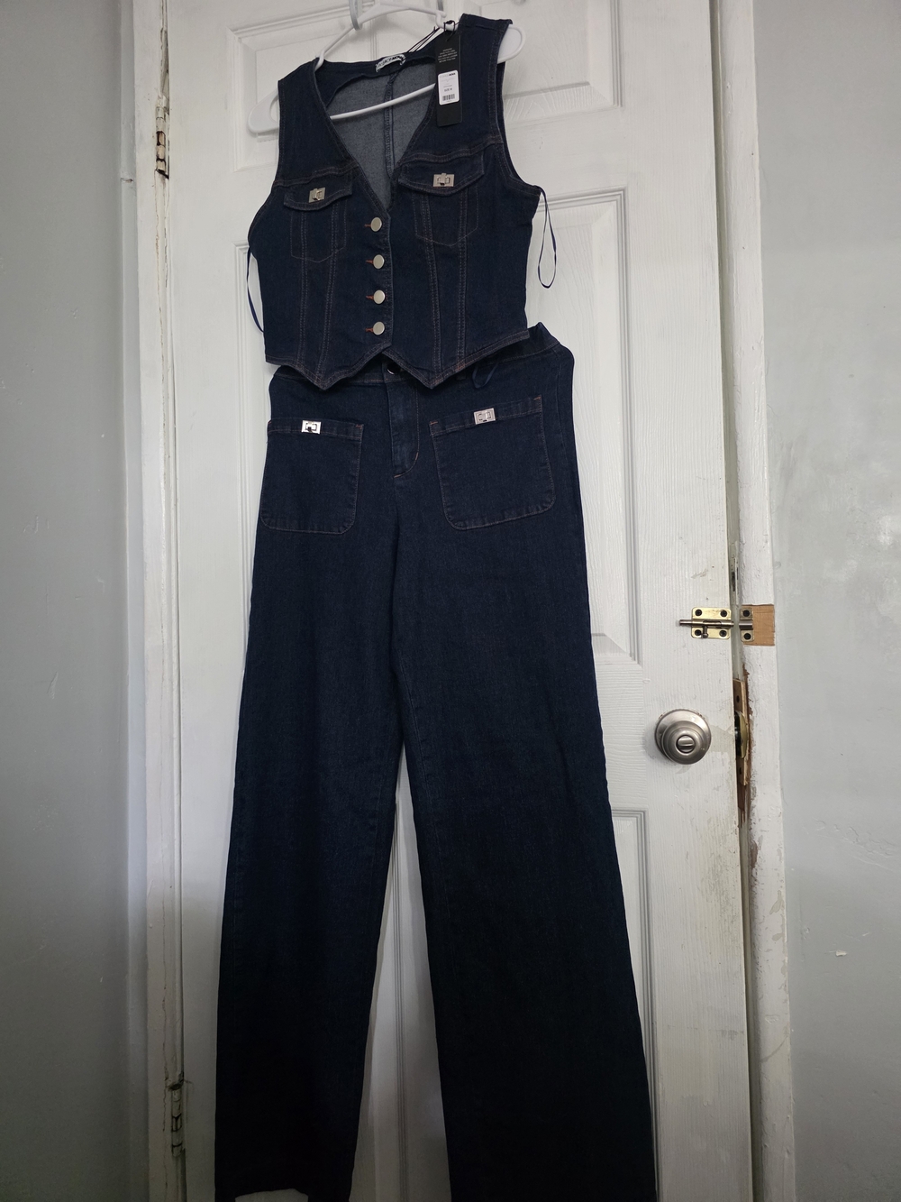 Fashion Nova Dark Indigo Denim Vest and Wide-Leg Jeans Set
